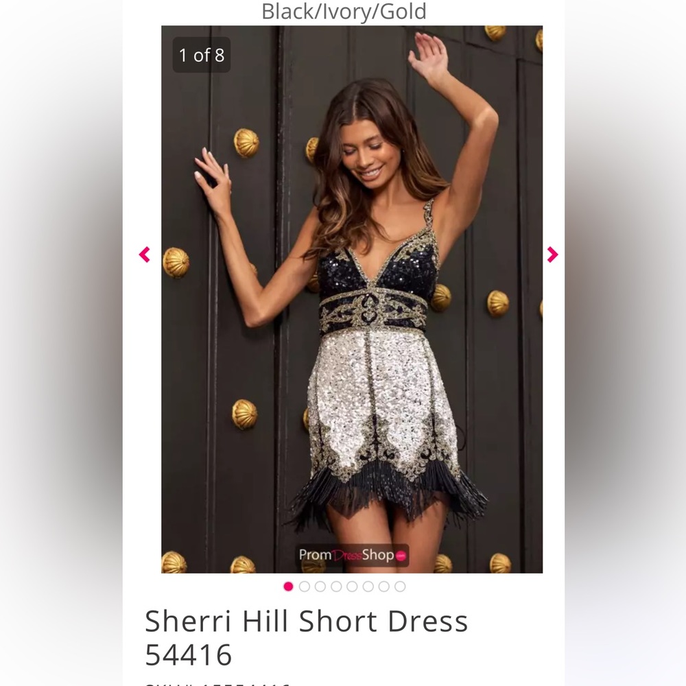 Sherri Hill Black Ivory Gold Beaded Fringe Short Prom Dress